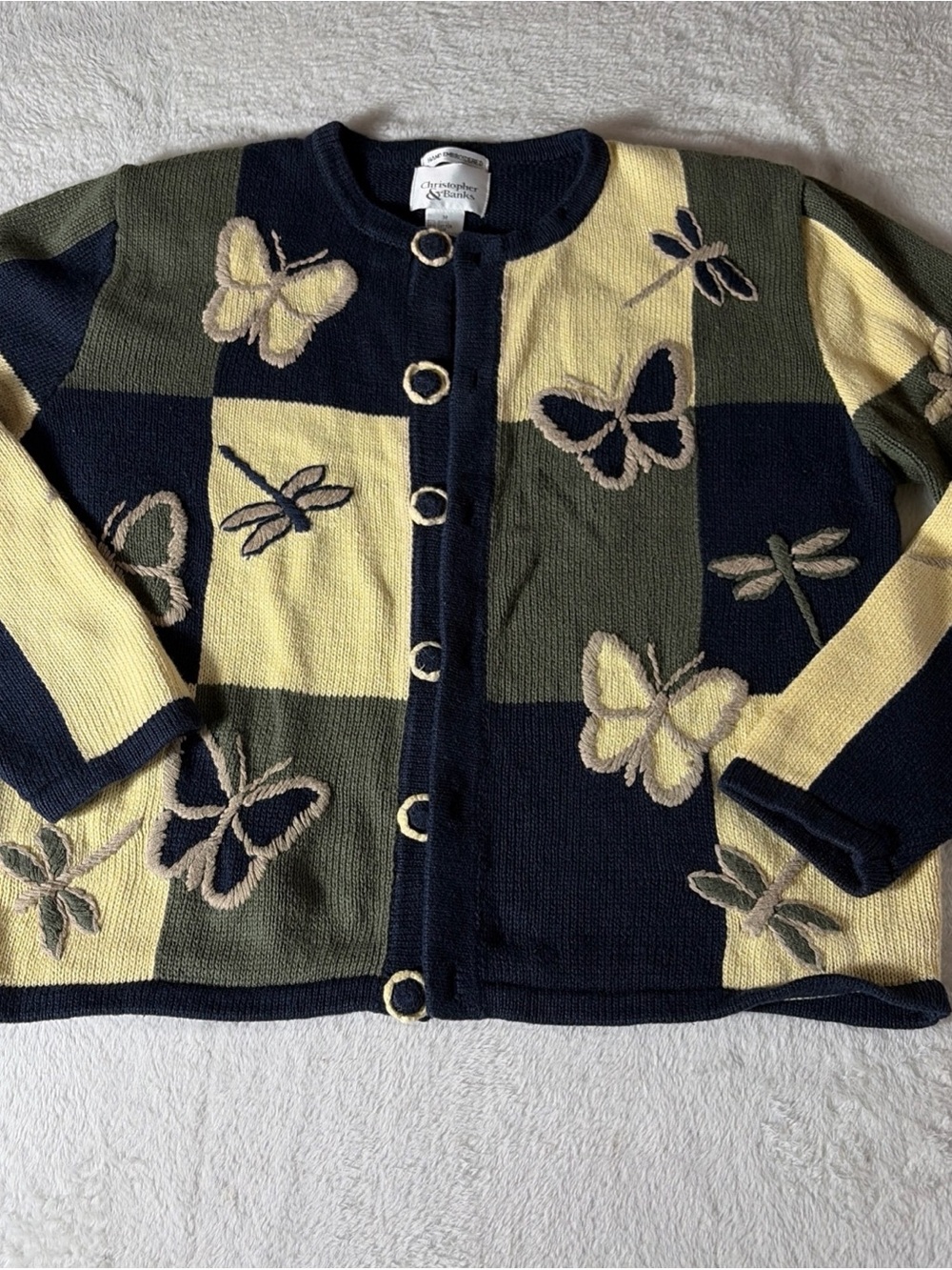 VTG Christopher & Banks Navy Green & Yellow Butterfly And Dragonfly Cardigan Med